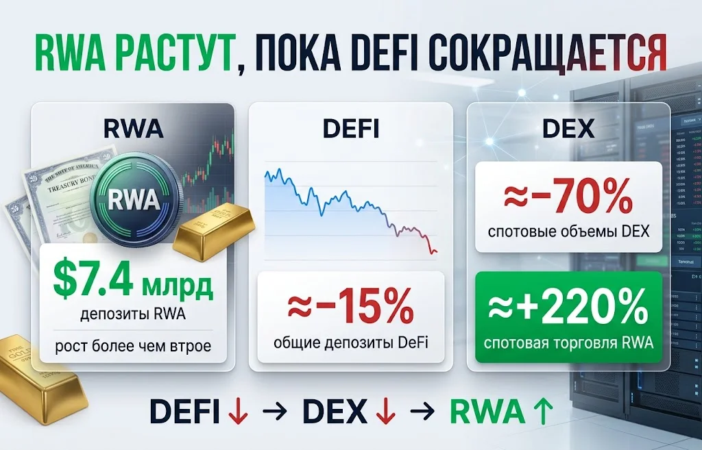 Токенизированные RWA взлетели до $7,4 млрд на спаде DeFi