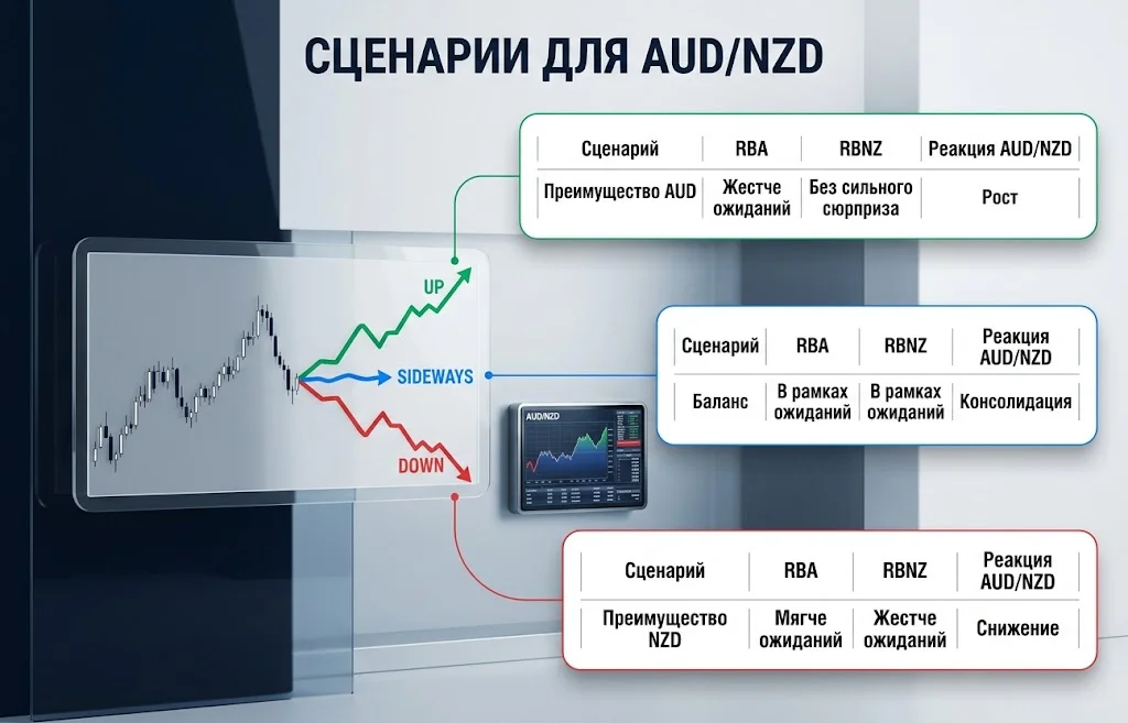 Сценарная карта движения AUD/NZD при разных решениях RBA и RBNZ