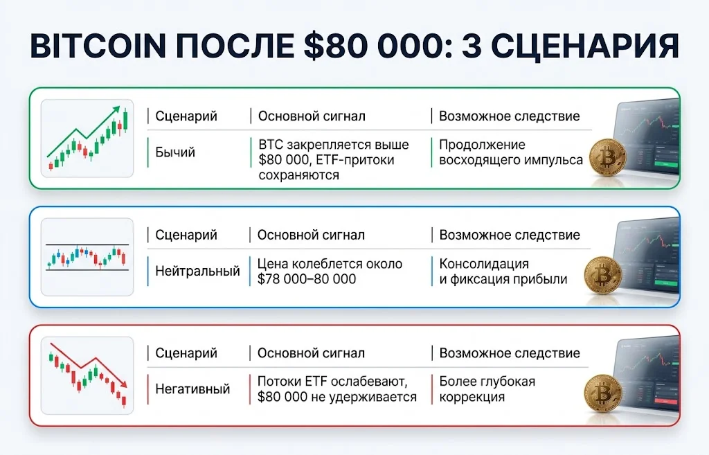 Инфографика с бычьим, нейтральным и негативным сценариями движения Bitcoin