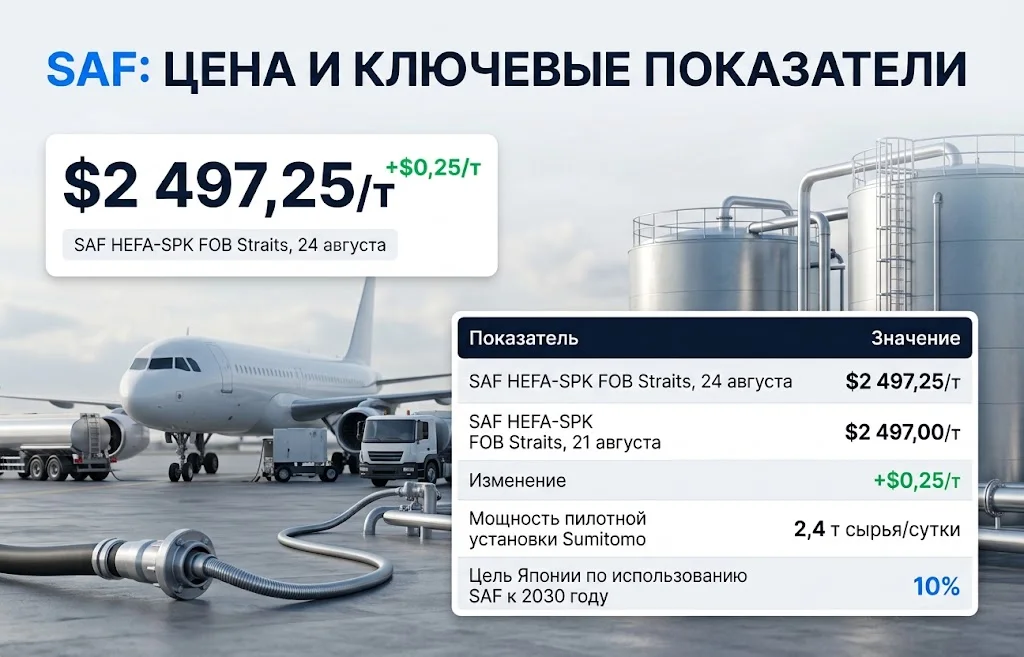 SAF в Японии: Sumitomo запускает новый топливный проект 2 Инфографика SAF HEFA-SPK по $2 497,25 за тонну и цели Японии 10% к 2030 году