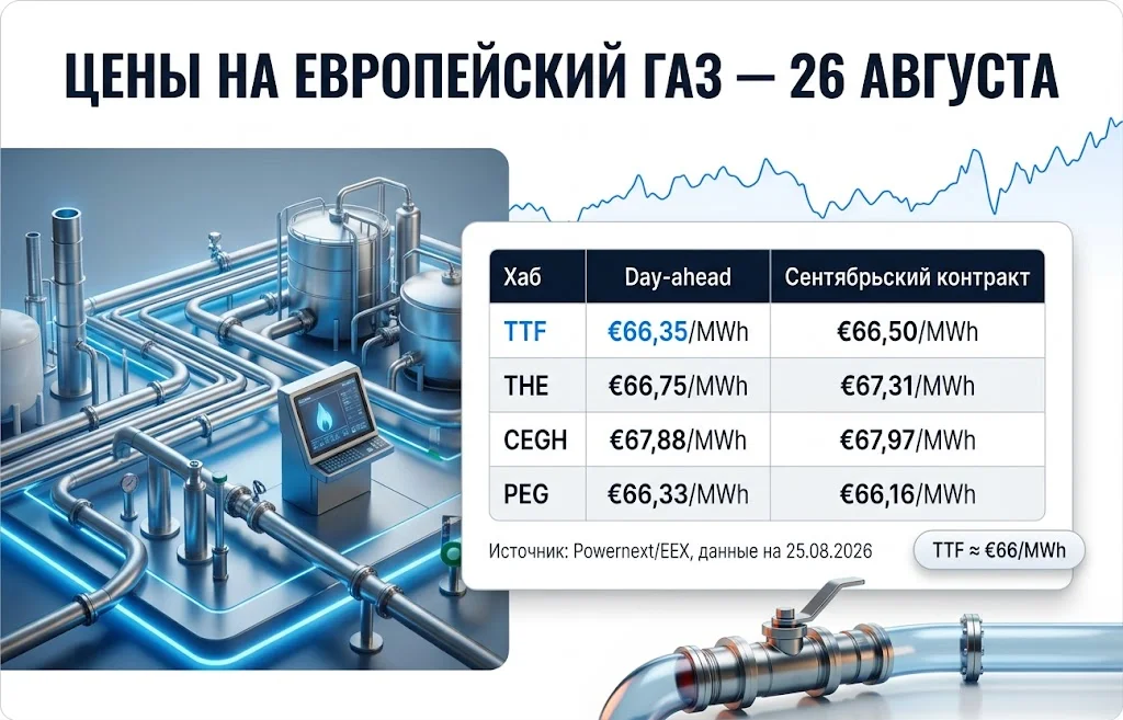 Таблица котировок TTF, THE, CEGH и PEG с ценами Day-ahead и сентябрьских контрактов