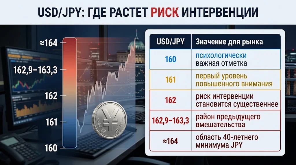 Уровни USD/JPY 160, 161, выше 162 и 162,9–163,3 с оценкой риска интервенции