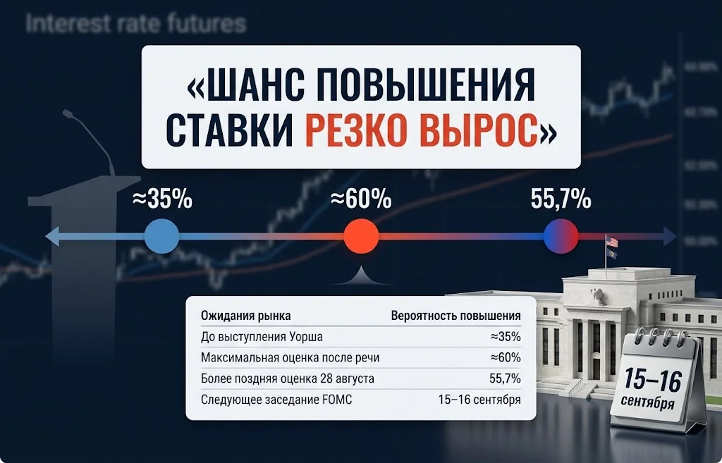 Вероятность повышения ставки выросла с ≈35% до пика ≈60% после речи Уорша