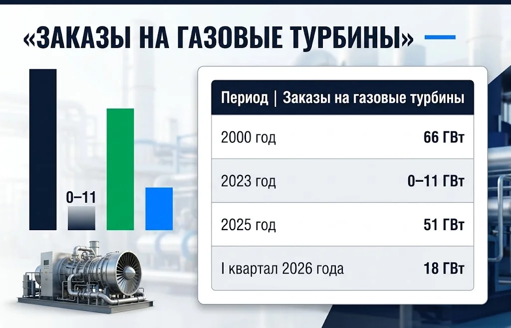 Таблица заказов на газовые турбины с данными за 2000, 2023, 2025 и 2026 годы