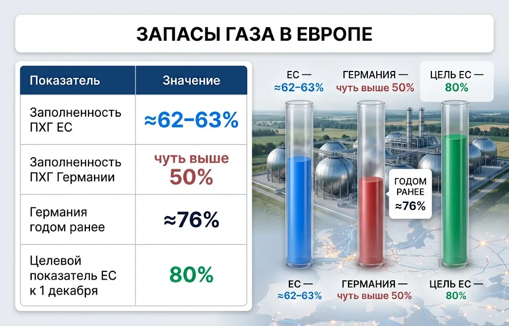 Поставки СПГ из Катара парализованы: газ снова под угрозой 2 Инфографика показывает ПХГ ЕС на ≈62–63% и Германии чуть выше 50%