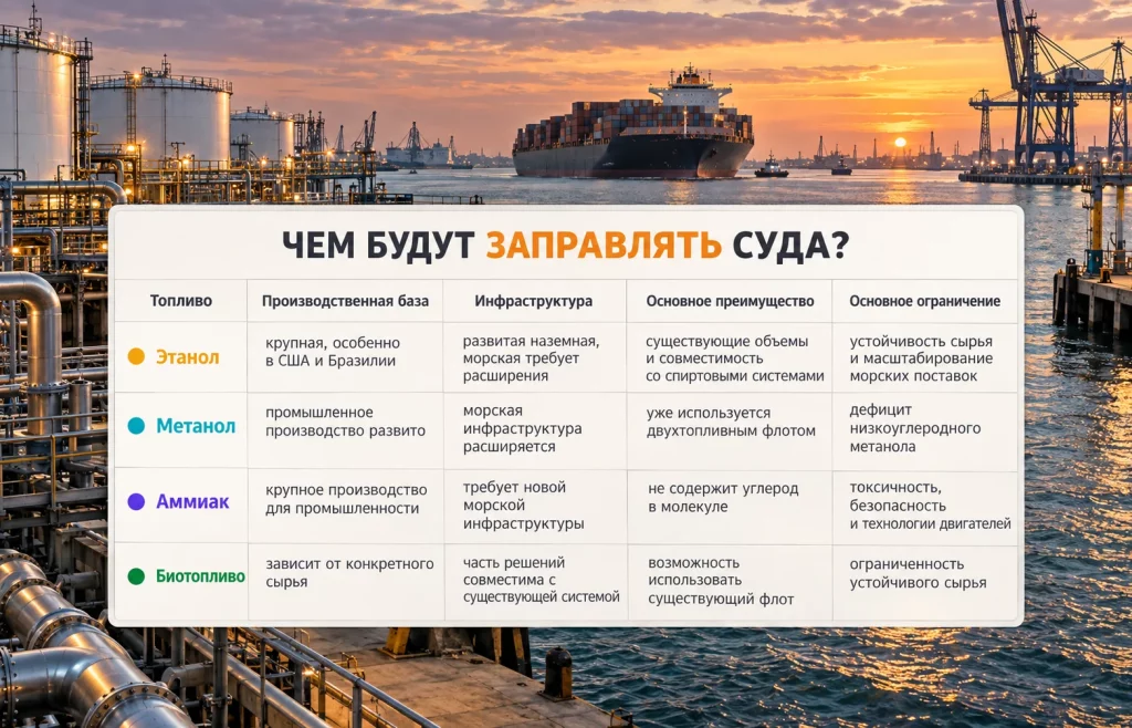 Сравнение этанола, метанола, аммиака и биотоплива для судоходства