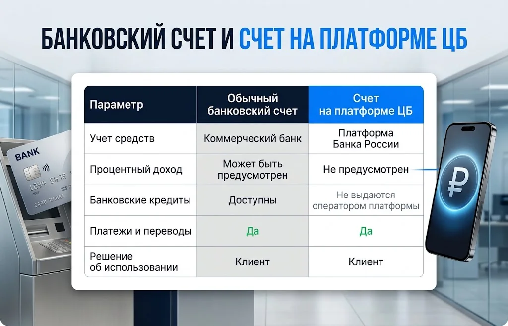 Сравнение банковского счета и счета на платформе Банка России по пяти основным параметрам