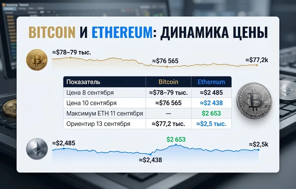 Сравнение цены Bitcoin и Ethereum с 8 по 13 сентября и максимума ETH $2 653