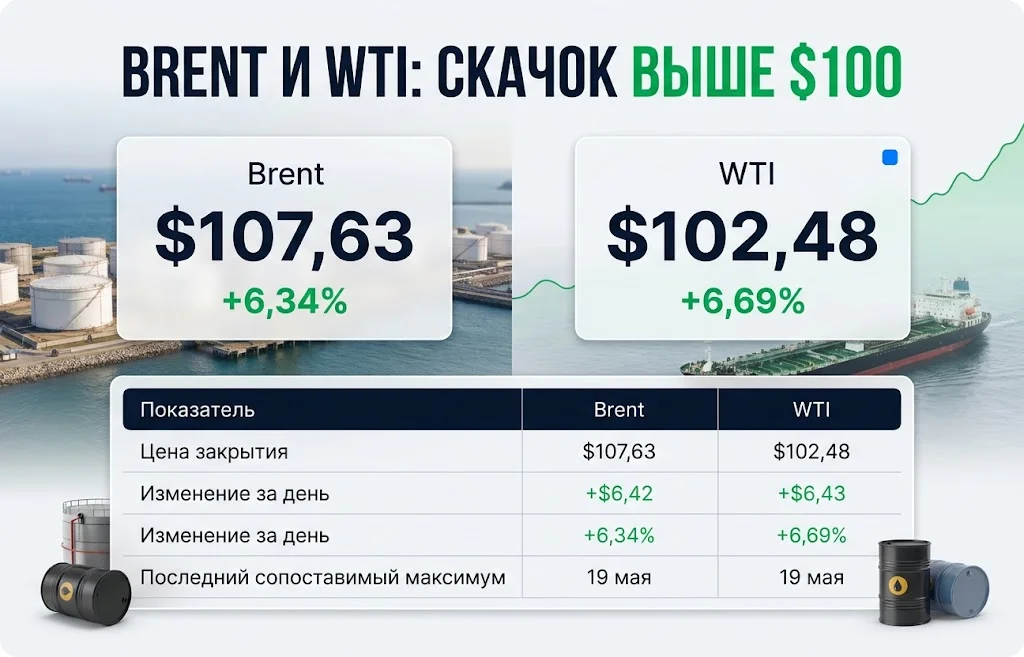 Цена нефти Brent превысила $107 из-за атак хуситов 1 Таблица Brent $107,63 и WTI $102,48 с дневным ростом более 6%