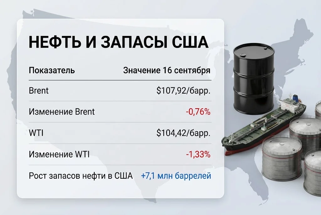 Brent $107,92, WTI $104,42 и рост запасов нефти США на 7,1 млн баррелей