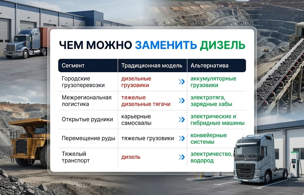 Потребление дизеля на душу населения: мировой рейтинг 4 Таблица сравнивает дизельные грузовики и карьерную технику с электрическими и конвейерными решениями