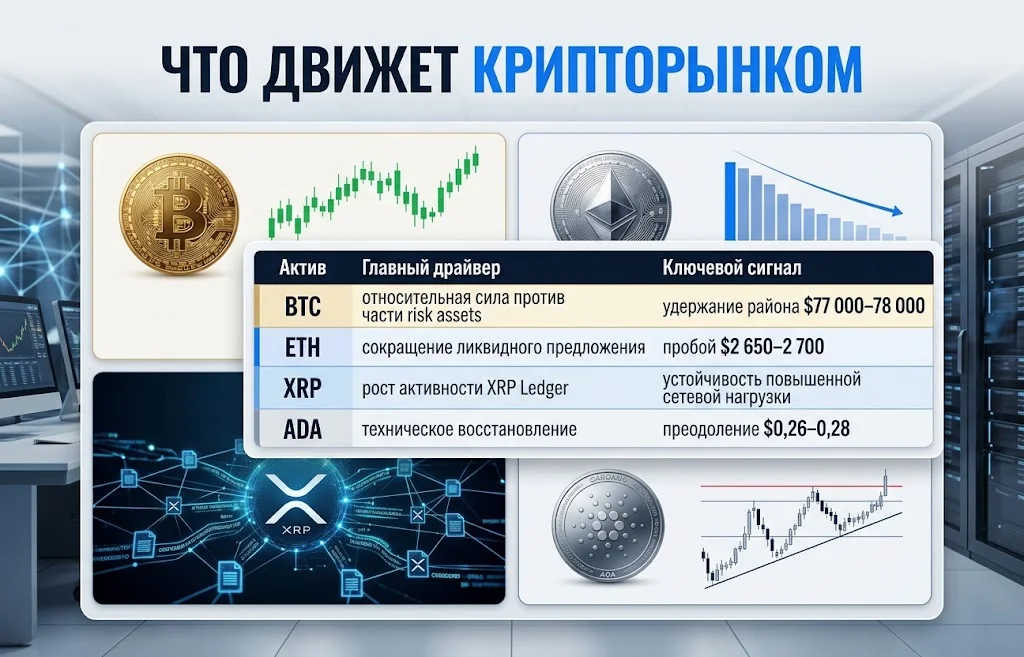 Сравнение факторов движения Bitcoin, Ethereum, XRP и Cardano с ключевыми рыночными сигналами