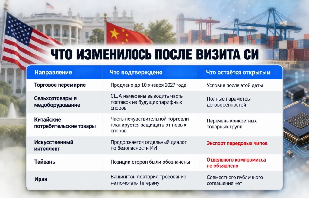 Таблица результатов переговоров США и Китая по торговле, ИИ, Тайваню и Ирану