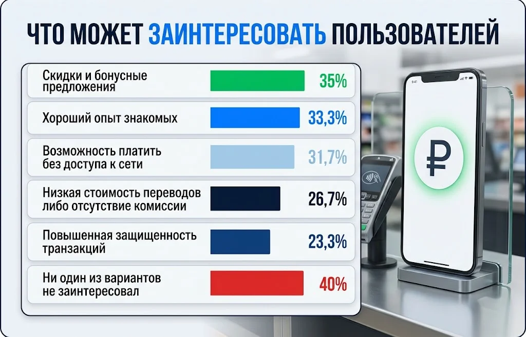 Инфографика факторов спроса: скидки 35%, опыт знакомых 33,3% и отсутствие интереса у 40%
