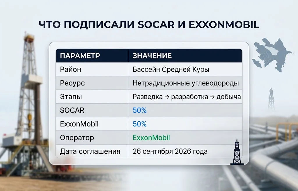 Таблица параметров соглашения SOCAR и ExxonMobil по бассейну Средней Куры