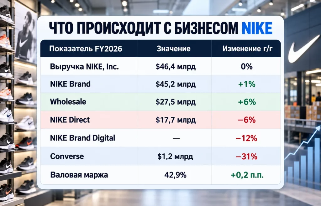 Выручка Nike, оптовые продажи, Nike Direct и Converse в FY2026