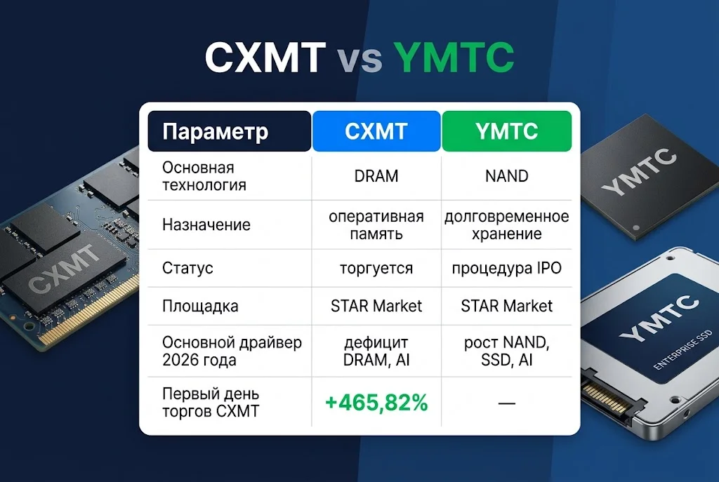 Сравнительная таблица CXMT и YMTC по технологиям DRAM, NAND, статусу и драйверам роста
