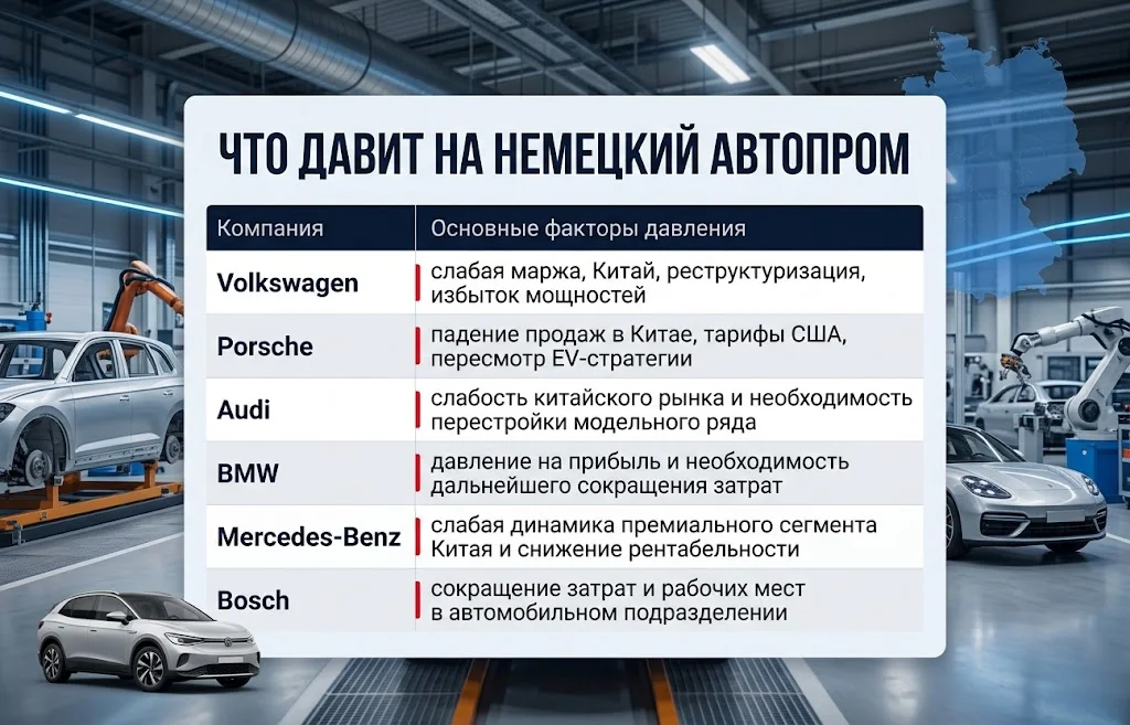 Сравнение факторов давления на Volkswagen, Porsche, Audi, BMW, Mercedes-Benz и Bosch