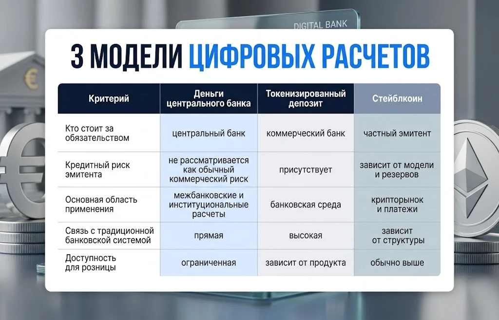 Сравнение денег центрального банка, токенизированного депозита и стейблкоина по пяти критериям