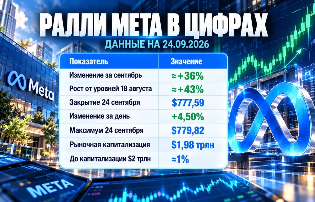 Акции Meta взлетели на 36% — капитализация у $2 трлн 1 Таблица с ростом акций Meta, ценой $777,59 и капитализацией $1,98 трлн