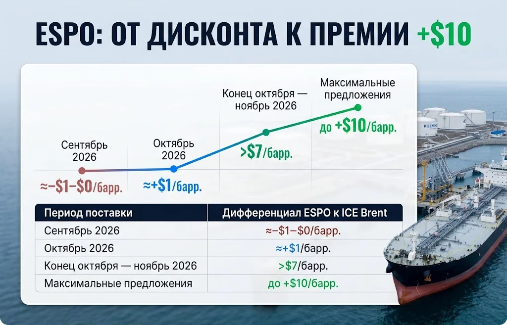 Динамика дифференциала ESPO от ≈−$1–$0 до максимальных +$10 за баррель