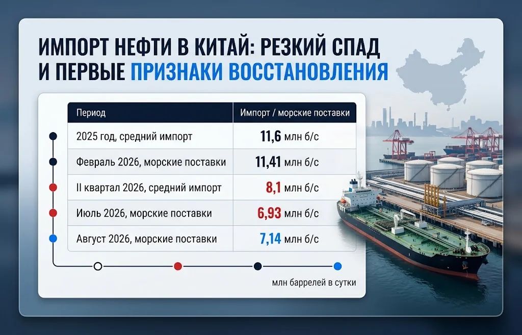 Спрос Китая на нефть взвинтил цены от Конго до Бразилии 1 Таблица показывает снижение импорта Китая до 8,1 млн б/с и восстановление морских поставок