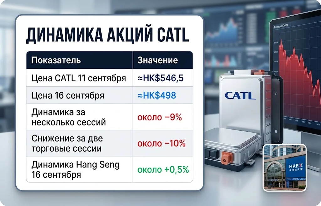 Таблица цен CATL от HK$546,5 до HK$498 и двухдневного снижения около 10%