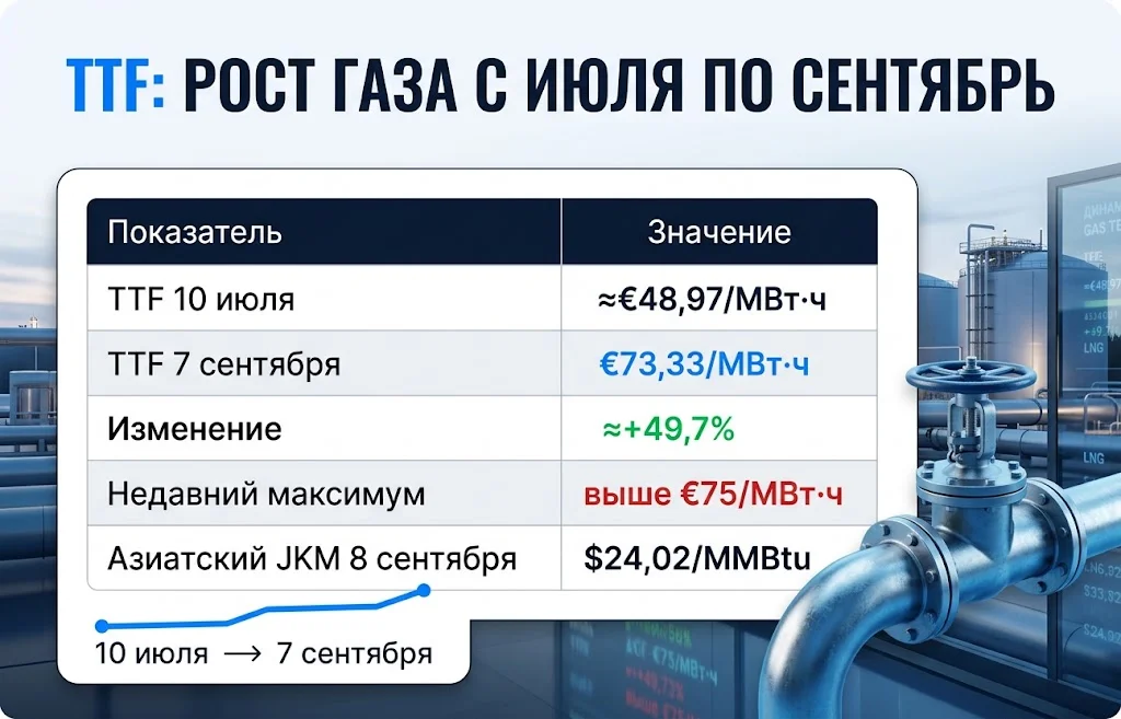 Инфографика динамики TTF от €48,97 до €73,33 за МВт·ч и цены JKM