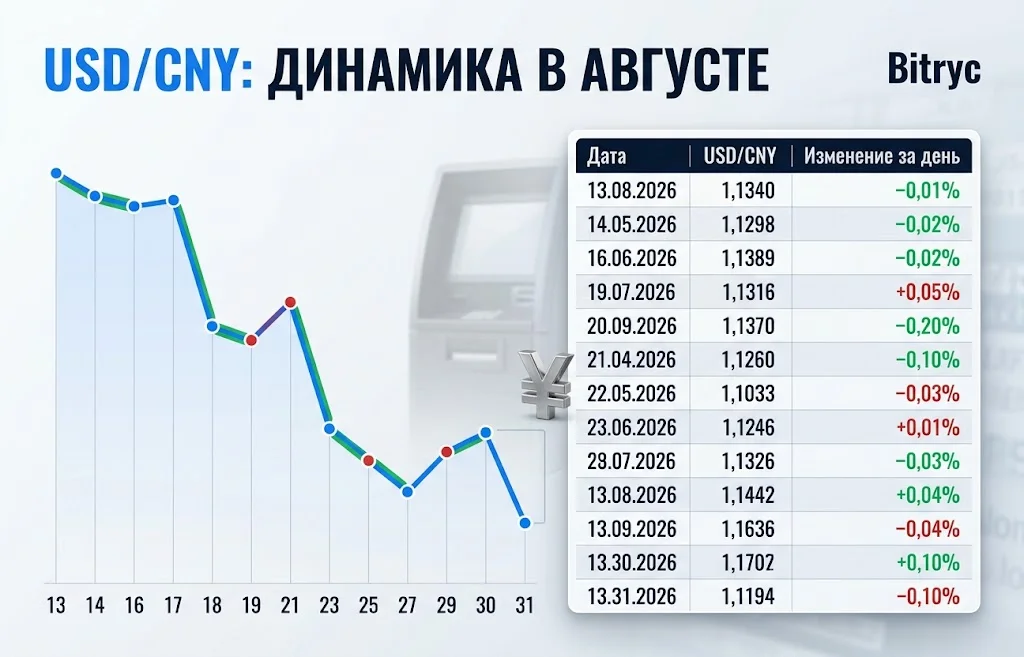 Таблица и график USD/CNY с 13 по 31 августа от 6,7432 до 6,7200