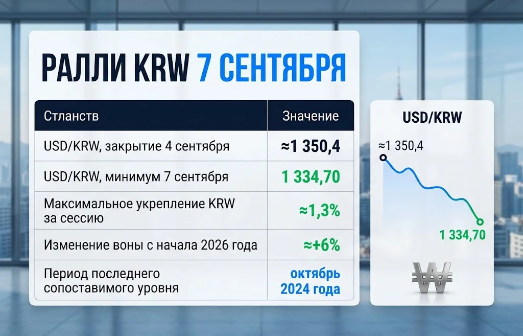 Таблица с минимумом USD/KRW 1 334,70 и укреплением KRW на 1,3%