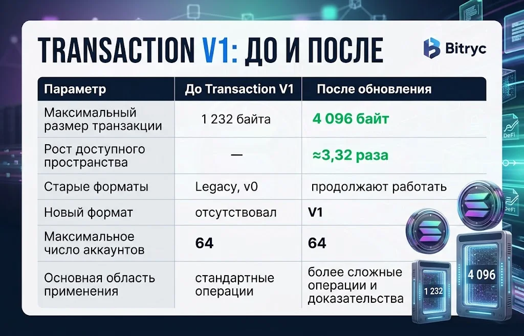 Таблица сравнивает параметры Solana до Transaction V1 и после увеличения лимита до 4 096 байт