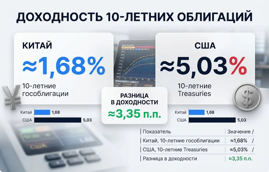 Сравнение доходности 10-летних облигаций Китая на уровне ≈1,68% и Treasuries США ≈5,03%
