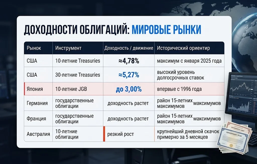 Таблица доходностей Treasuries, JGB и государственных облигаций Европы и Австралии 1 сентября 2026 года