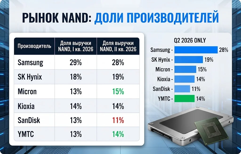 Таблица долей Samsung, SK Hynix, Micron, Kioxia, SanDisk и YMTC на рынке NAND