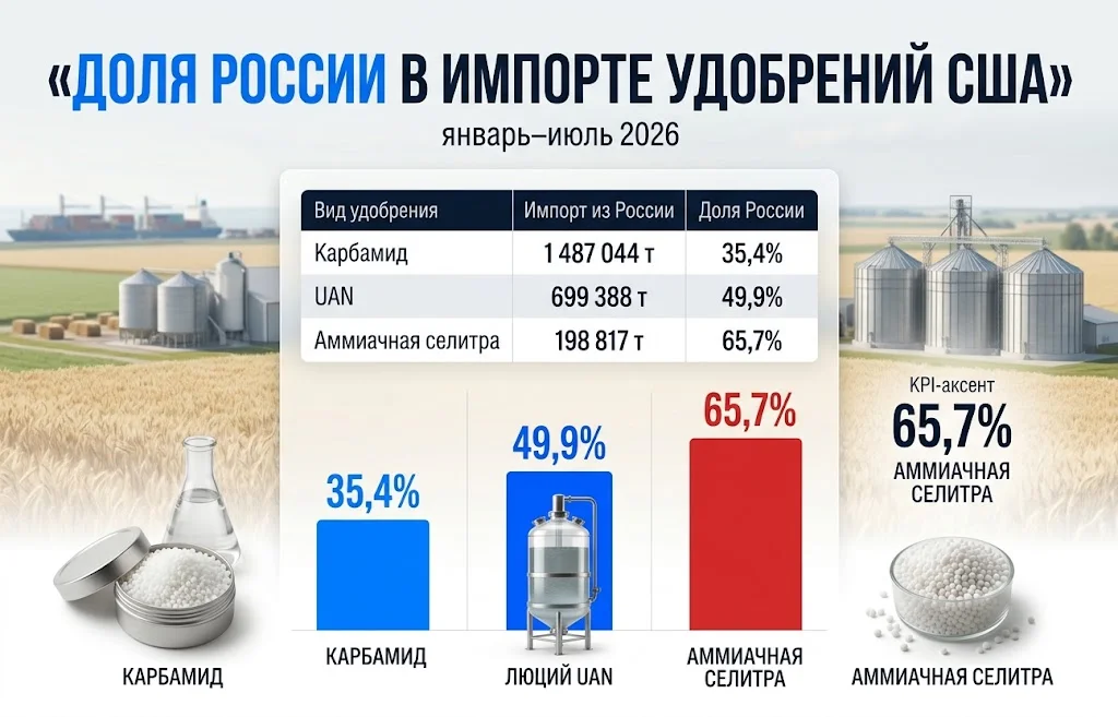 Сравнение российского импорта карбамида, UAN и аммиачной селитры с долями от 35,4% до 65,7%