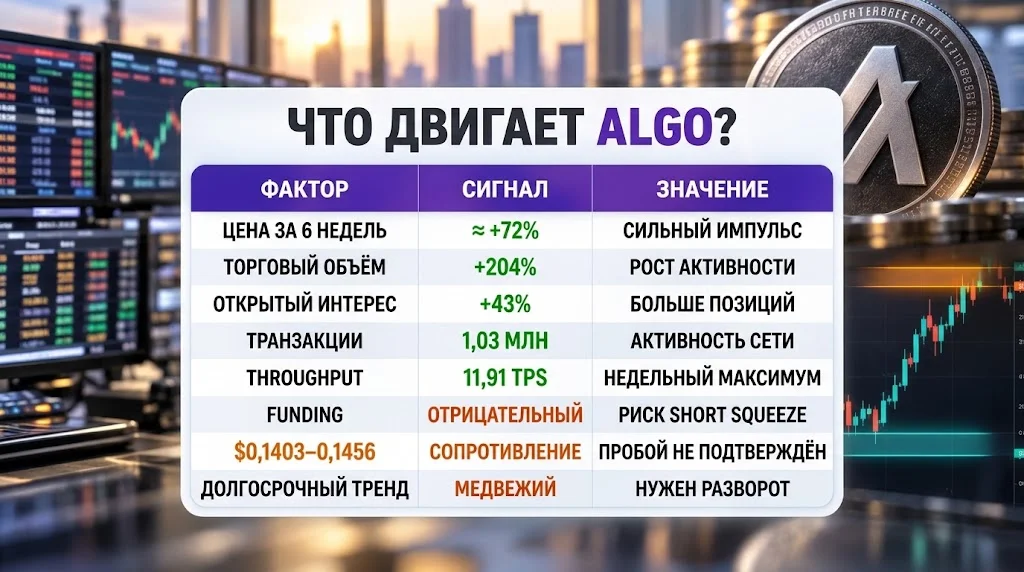 Таблица роста ALGO, торгового объёма, открытого интереса и ключевых рисков