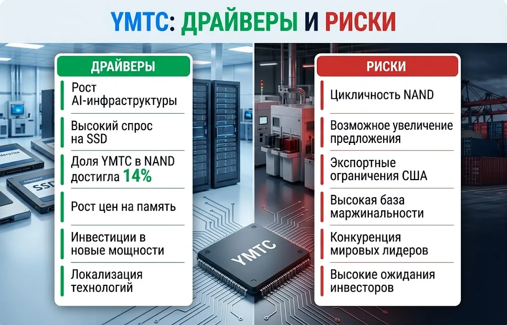 Инфографика с шестью драйверами YMTC и шестью рисками включая цикличность NAND и ограничения США