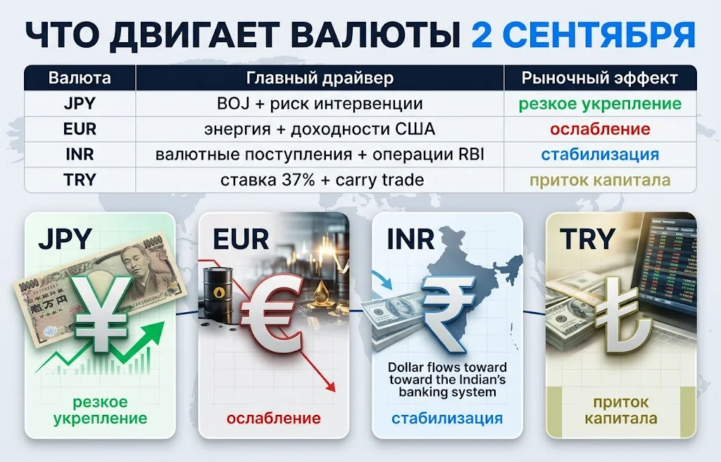 Сравнение факторов движения JPY, EUR, INR и TRY на валютном рынке 2 сентября