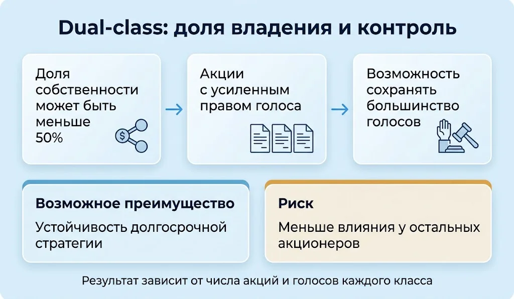 Схема сохранения контроля через усиленные голоса с указанием преимущества и риска для акционеров.