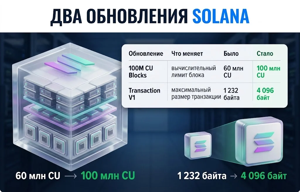 Сравнение обновлений Solana: рост блока до 100 млн CU и транзакции до 4 096 байт