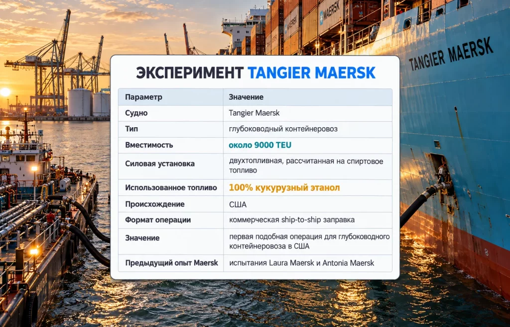 Таблица с параметрами заправки Tangier Maersk американским кукурузным этанолом
