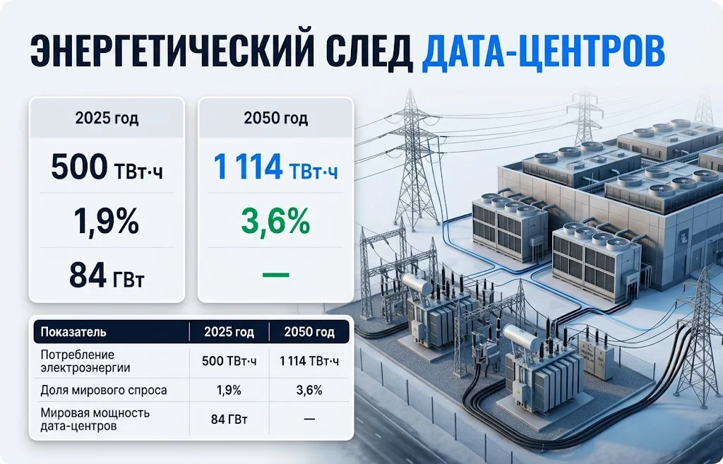 Дата-центр и подстанция рядом с данными о росте потребления с 500 до 1 114 ТВт·ч