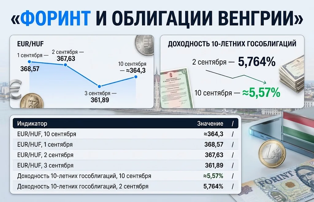 EUR/HUF около 364,3 и доходность 10-летних облигаций Венгрии около 5,57%