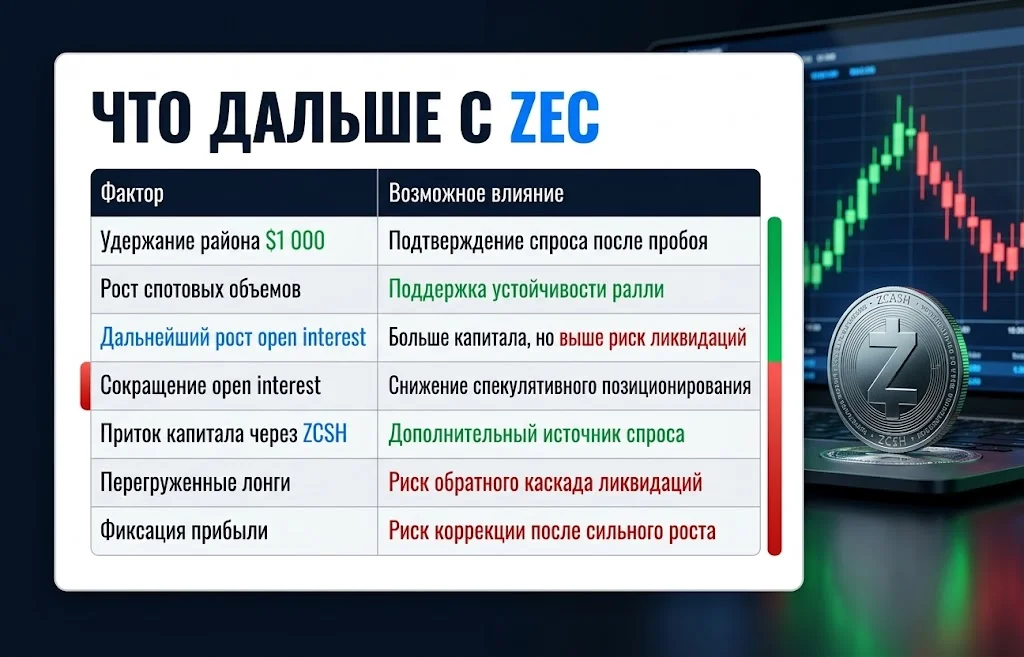 Таблица факторов спроса и рисков для ZEC после пробоя уровня $1 000
