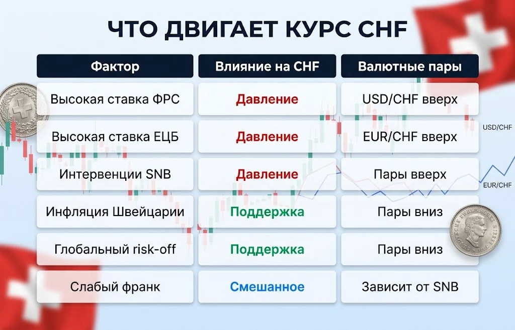 Курс швейцарского франка снизился после решения SNB 2 Таблица факторов влияния на CHF и валютные пары USD/CHF и EUR/CHF