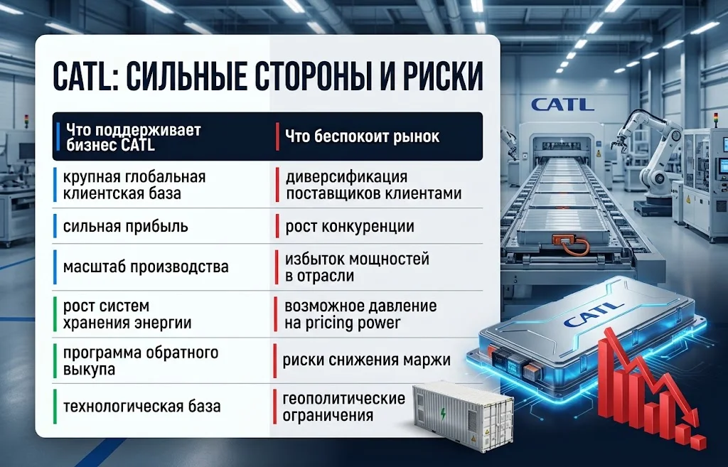 Инфографика сравнивает сильную прибыль и масштаб CATL с конкуренцией и рисками для маржи