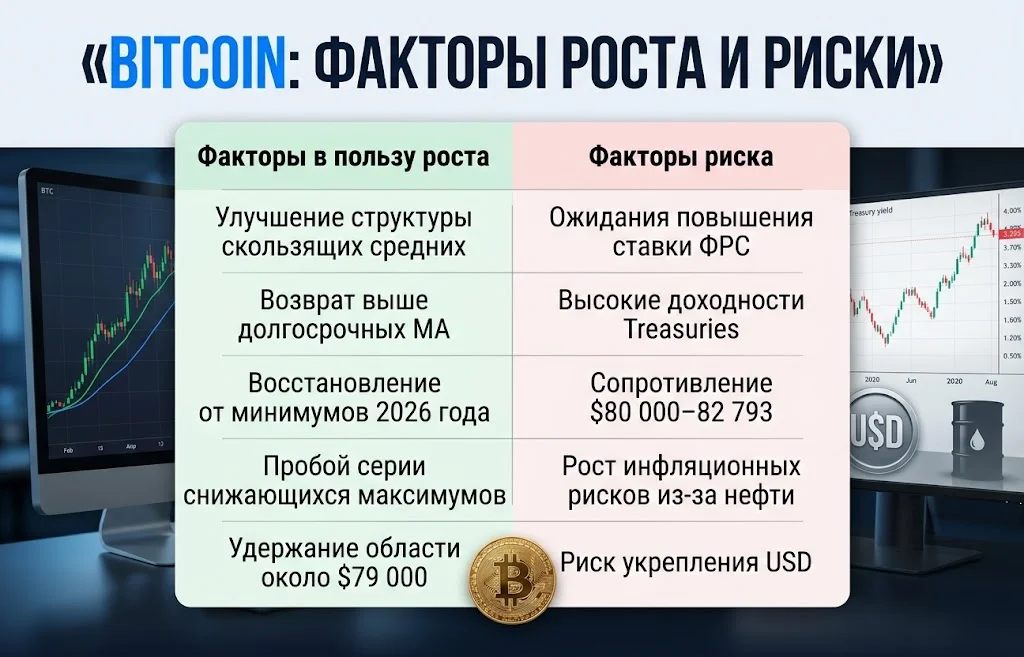 Сравнение технических факторов роста Bitcoin с рисками ФРС, Treasuries и сильного USD