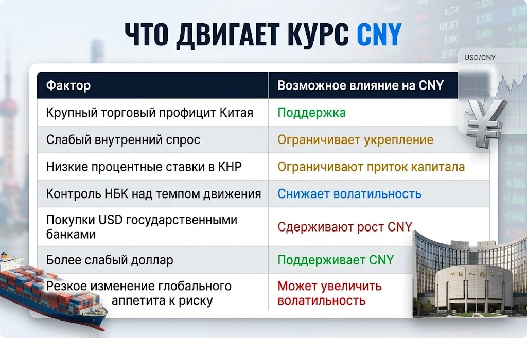 Таблица факторов влияния на CNY: торговый профицит, НБК, ставки, доллар и спрос