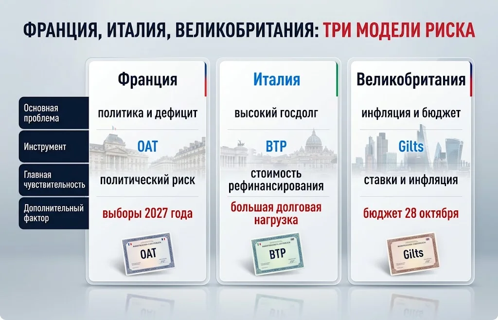 Сравнительная панель OAT, BTP и Gilts с политическими, бюджетными и инфляционными факторами