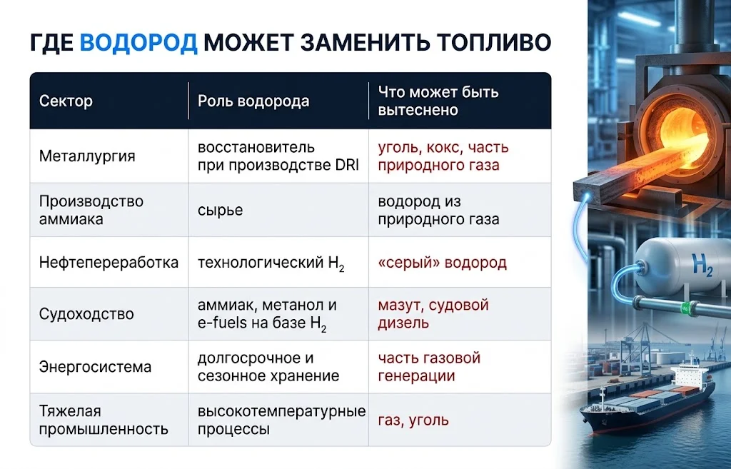 Таблица применения водорода в металлургии, судоходстве, энергетике и тяжелой промышленности